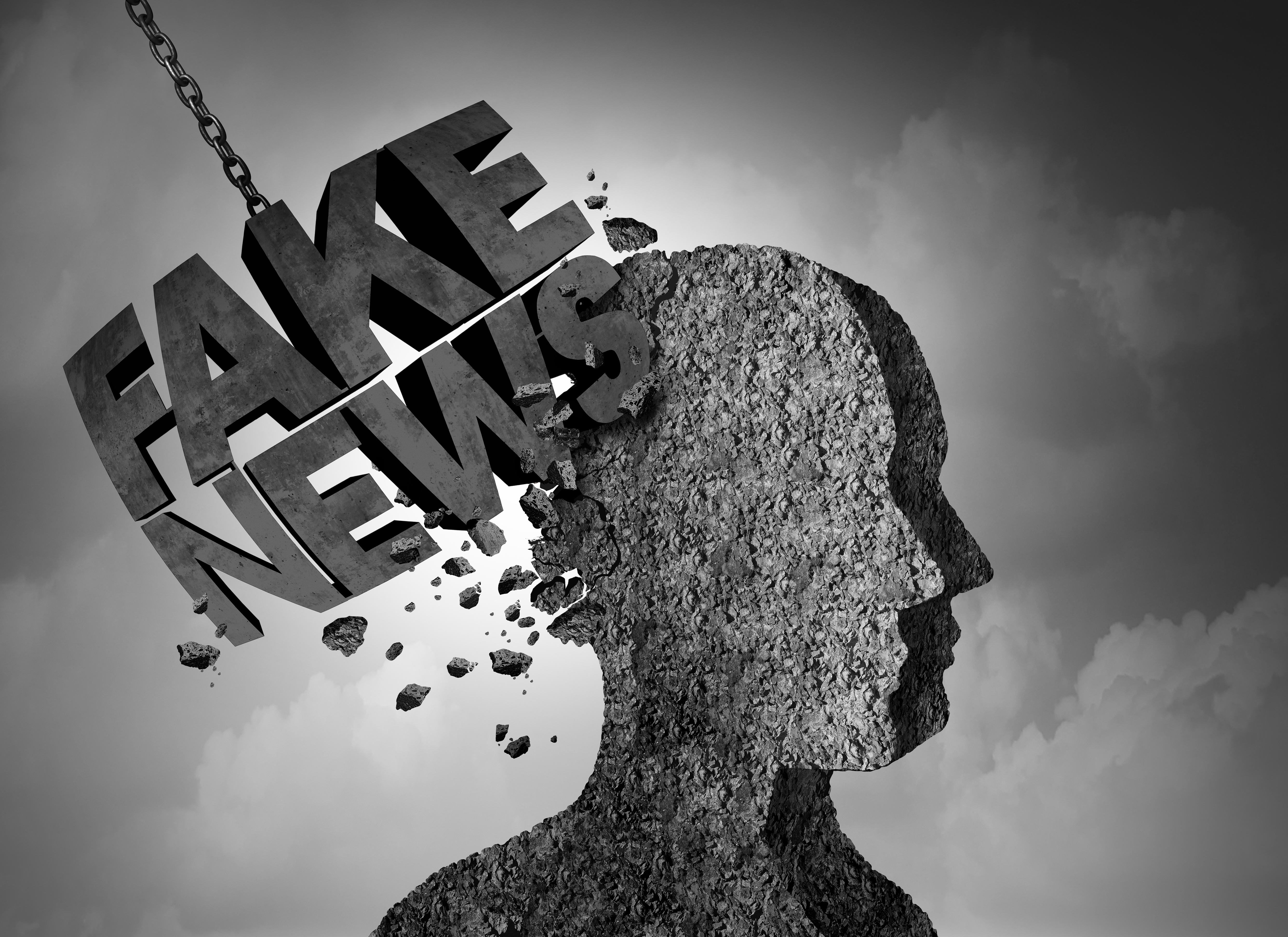 Fake news breaking story concept and hoax journalistic reporting as a wrecking ball shaped  as text as false media reporting metaphor and damaging deceptive disinformation with 3D illustration elements.